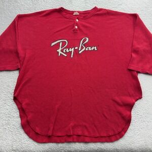 Vintage Ray-Ban Red Waffle Knit Thermal Henley Shirt Oversized‎ 90s Logo Canada
